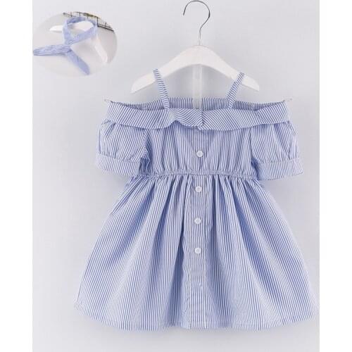 Girls summer blue strip off-the-shouder dress Baby princess dress fairy cheaper Children dress free matching hairband DR19098