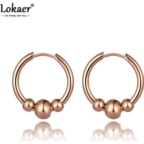 Lokaer Original Design 3Pcs Round Beads Hoop Earrings Stainless Steel Trendy Party Earrings Jewelry For Women Girls E20129