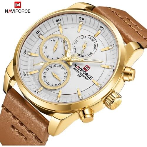 NAVIFORCE Mens Gold Watch Luxury Business Sport Quartz Wrist watches Male Genuine Leather Waterproof Multi-function Analog Clock