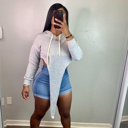 Wsevypo Autumn New Women Irregular Hem Hoodies Solid Color Long Sleeve Hooded Pullover Crop Tops Casual Female Sweatshirts