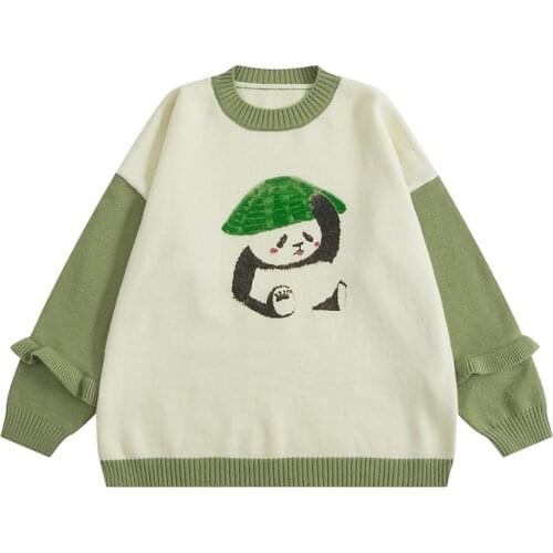 Autumn New Preppy Style Panda Print Top Womens O-neck Pullover Loose Sweater Suitable For Teenage Girls Warm Sweater