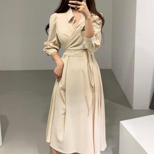 ZAWFL Vestidos Solid Puff Sleeve Autumn Turn Down Collar Elegant Women Dresses Korean Chic 2021 Ins Lace Up A-line Long Dress