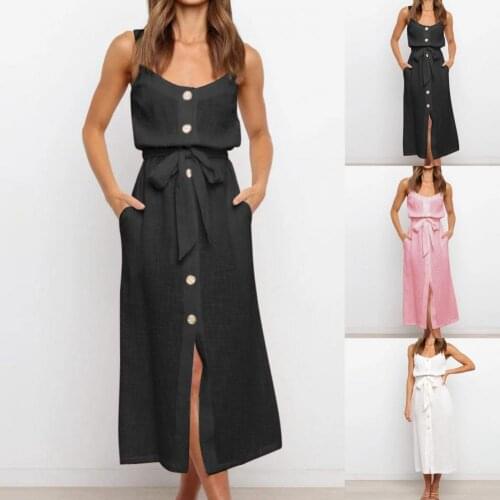 Fashion Women Midi Dress Solid Color Shoulder Strap A-line Summer Shoulder Strap Buttons Belt Dress for Holiday Party