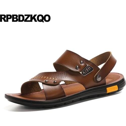 Slip On Leather Slippers Brown Famous Brand Designer Men Gladiator Sandals Summer Roman Native Slides Casual Metal Shoes Beach