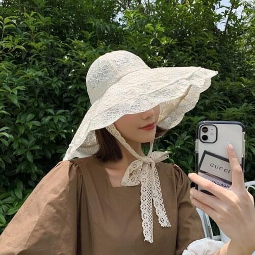 New Style Straw Hat Female Summer Flower Lace Beach Hat Holiday Shade with Adjustable Wide Brim Soft Hat Female Hat Elegant