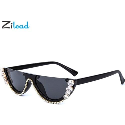 Zilead Rhinestone Half-frame Sunglasses Individual Female Cat Eye Diamond Street Sunshades Clear Black Lens Spectacles Unisex