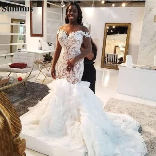 Sumnus African Mermaid Wedding Dresses 2020 Long Sleeve Princess Wedding Gowns Tiered Skirts Bridal Dress For Women