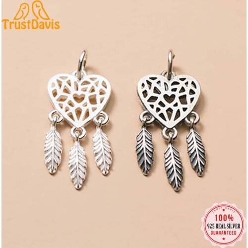 Trustdavis Real 925 Sterling Silver Fashion Sweet Love Dream Catcher Feather Tassels Charm Pendant Handmade DIY Accessories DZ99