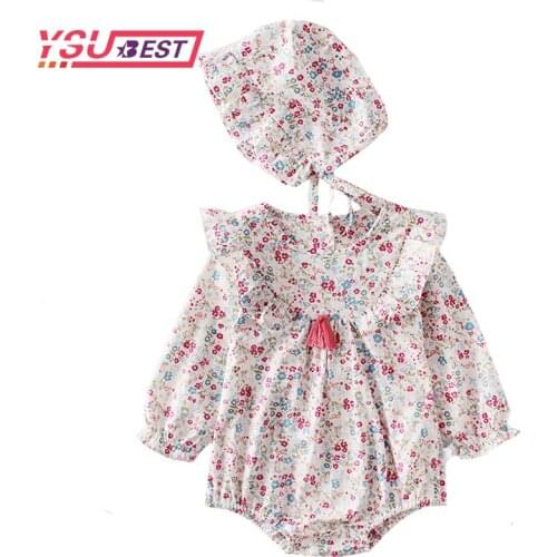 2020 Spring Baby Girl Bodysuits 0-3Yrs Baby Girls Flowers Tassel Long Sleeve Cotton One-piece Clothes + Hat Baby Twin Bodysuits