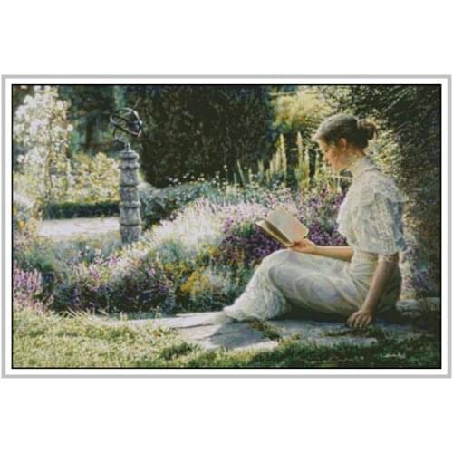 Top Quality 14CT Counted Unprinted Cross Stitch Kits Set Needlework For Embroidery Decor Arts The woman reading in Garden People