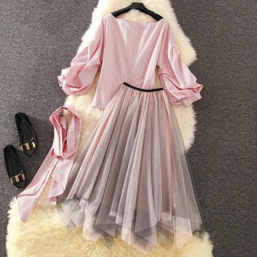 Summer Skirt Sets Women Casual O-Neck Half Sleeve Shirt+Irregular Mesh Skirt Two Piece Sets Ladies Knee Length Skirt Suit A518