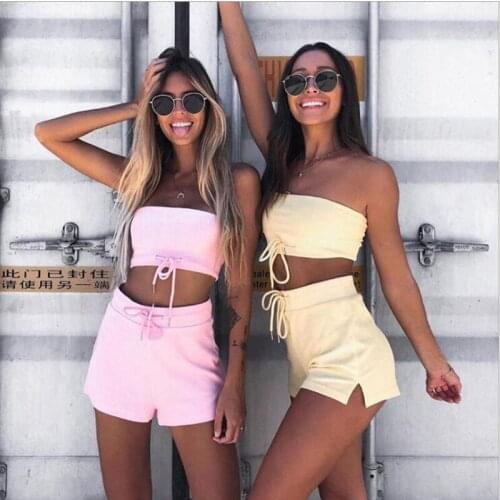 2-piece track suit women strapless crop top + drawstring high waist short ladies 2020 summer suit