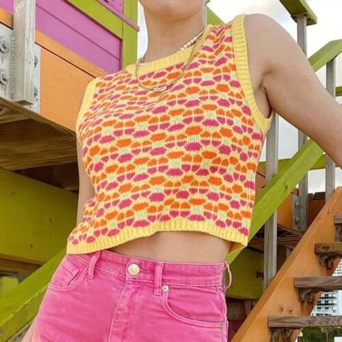 Harajuku Print Knitted Womens Tank Tops Summer Sleeveless O-neck Female Sweet Camisole 2021 Ladies Retro Crop Top Y2K Vests