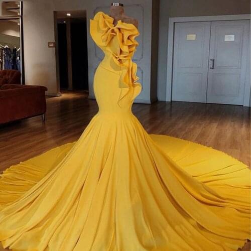 Yello Ruffle Long Evening Dresses Sleeveless robe de soiree Lace Mermaid Prom Party Dresses Women Evening Gowns