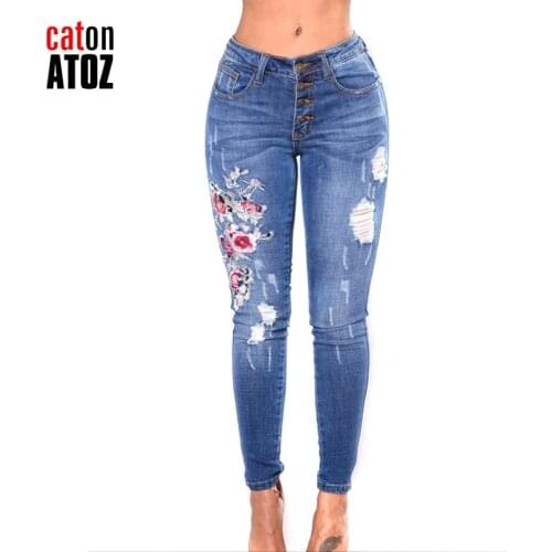 2133 New Hot Fashion Ladies Cotton Embroidered Denim Pants Stretch Womens Holes Ripped Skinny Jeans Denim Jeans For Female