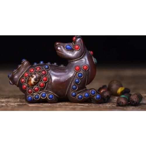 3"Tibet temple Old Natural agate Filigree mosaic Gem Dzi Bead Statue of Turning Beast Pendant Amulet Town House Exorcism