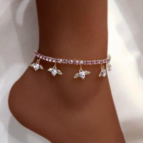 Boho Heart Anklets Gold Silver Color Crystal Tennis Foot Chain For Women Bling Rhinestone Jewelry Beach Sandals Ankle Bracelet