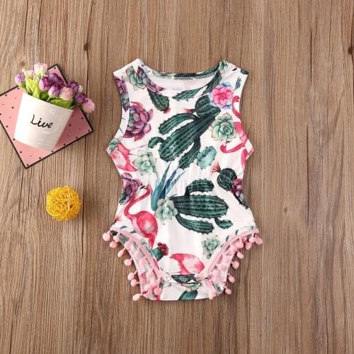 Baby Summer Romper Newborn Infant Baby Girl Cactus Bodysuit Sleeveless Tassel Balls Jumpsuit Outfits Clothes