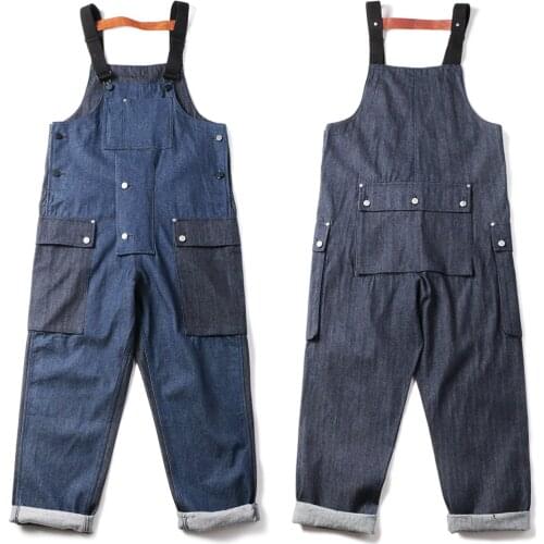 Men Fashion Casual Multi-pocket Contrast Stitch Denim Overalls Mens Vintage Jeans Jumpsuit Cargo Work Pants Baggy Bib Trousers