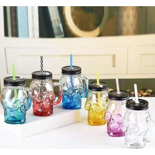 500ml colored skull straw mug with lid handle Mason bottle juice drink straw cup gradient creative mug cold drink cup glass jars