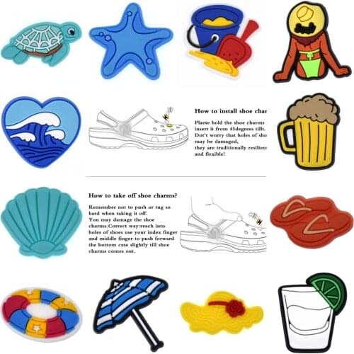 10 PCS Summer Beach Sea Series Shoe Accessories Swim Circle Turtle Shovel Lemon Juice Scallop Shell Beer Flip Flops Bikini