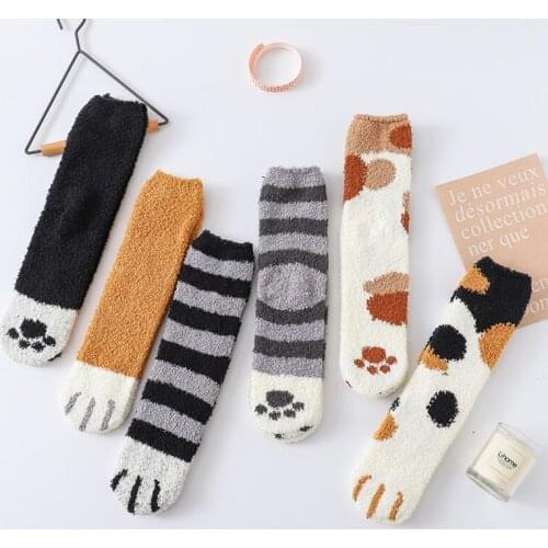 Womens socks, home coral fleece socks, footprints, cat claws, cute sleeping socks, thickened warmth, winter plus velvet socks