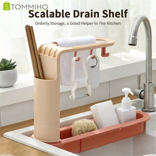 STOMMIHO Multifunctional Telescopic Sink Kitchen Rack Shelf Storage Basket Foldable Adjustable Soap Sponge Holder Accessories