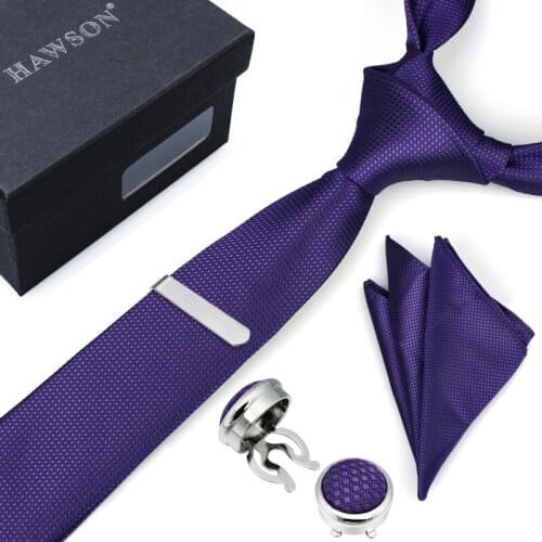 Fashionable Dark Blue Necktie Set with Tie Clip & Pocket Square and Button Cover Cufflinks for Graduation Birthday Party