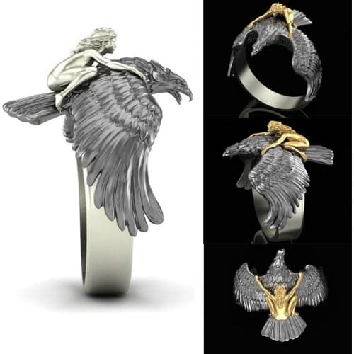 Fashion Vintage Mythology 3D Three-dimensional Gold Flying Eagle Angel Trainer Naked Ring Men Personality Women Rings Jewelry