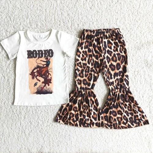 New Arrival Girl Fashion Style Clothes Baby Girl White T-Shirt With Printed And Leoard Beller Pants 2Pieces Set