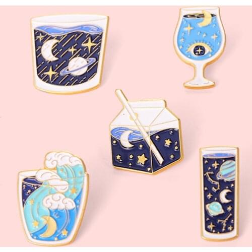 New product creative cartoon starry sky pattern water cup milk box shape badge accessory brooch
