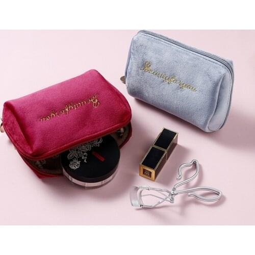 New Ladies Flannel Embroidered Clutch Bag Cosmetic Bag Large Capacity Cosmetic Storage Bag Solid Color Ladies Cosmetic Bag