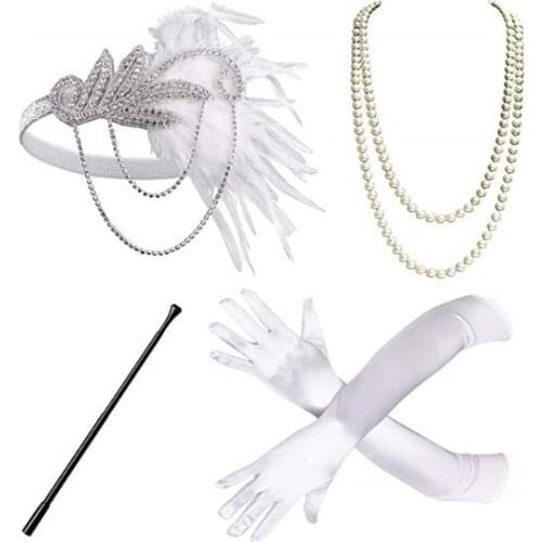 2021 1920s flapper dress accessories Retro Party props GATSBY CHARLESTON headband pearl necklace white feather band for wedding