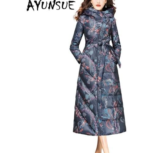 AYUNSUE Winter Duck Down Jacket Women Hooded Printed Long Puffer Down Coat Warm Clothes Doudoune Femme Hiver N84Y4984H08 KJ3890