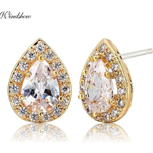 3 Color Pear AAAA CZ Zirconia Crystals Teardrop Stud Earrings for Women Yellow Gold Color Luxury Vintage Jewelry Wedding Party