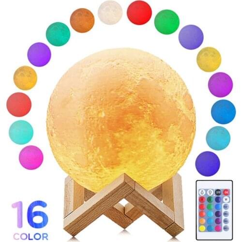 3D Print Moon Lamp 16 Color Creative Touch Switch Rechargeable LED Night Light with Wood Stand Home Decor Bedroom Decoration Bir
