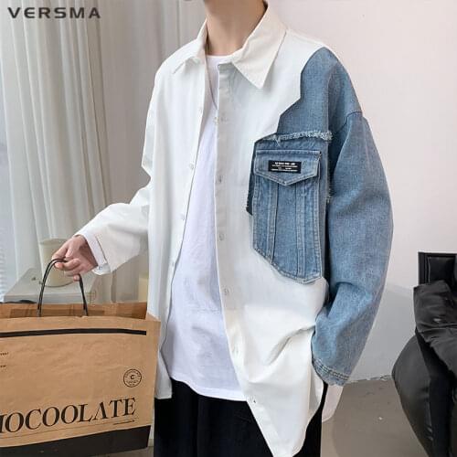 VERSMA Korean Harajuku Denim Stitch Vintage Shirt Men Women Long Sleeve Oversize Punk Tropical Shirts For Men 5XL Dropshipping
