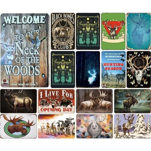 Vintage Metal Tin Plate of Welcome To Our Neck of The Woods Reindeer Elk Cow Skull Animal for Bar Decoration Yard Wood Sign