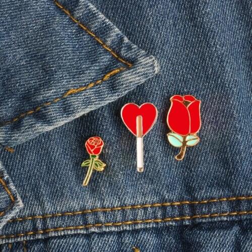 Cartoon Fashion Enamel Pin Mini Rose Flower Heart shape Brooches For Women Denim Jackets Collar Badge Metal Brooch Button Pins