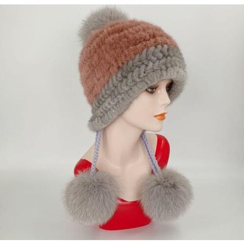 New Style Ladies Mink Fur Knit Hat With Fox Fur Ball Winter Earmuffs Protective Cap Russian Fox Fur Aviator Hat Free Shipping