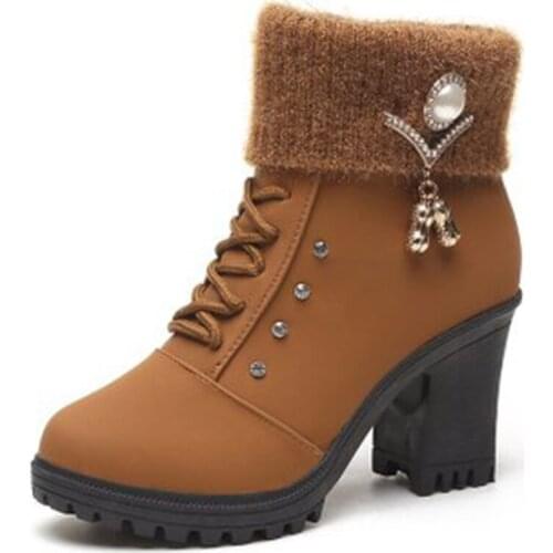 Women Boots High-Heeled Short Boots Thick Heel Platform Lace-Up Martin Boots Women Side Zipper Casual Warm Leather Shoes Women
