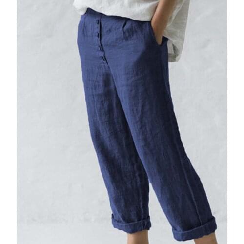 Casual linen Pants For Women Summer womens pocket button casual Long trousers Plus size S-3XL