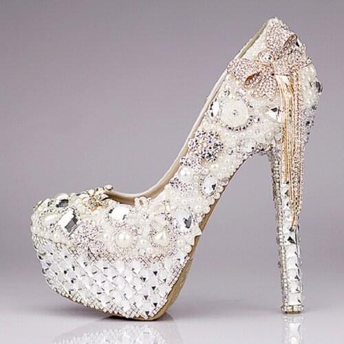 Spring new fringed rhinestone stiletto banquet women single shoes pearl crystal white large size adult gift bridal wedding shoe