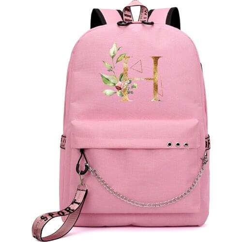 Pink 26 Letters Backpack Women Chain Canvas Backpack Student Bookbag for Girls School Bags Usb Charging Port Laptop Travel Bag