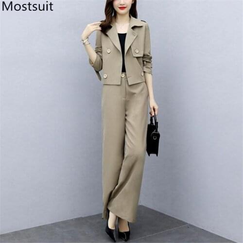 2020 Autumn Fashion Office Two Piece Sets Suits Women Double-breasted Coat + Wide Leg Pants Outfits Workwear Ladies Sets Femme