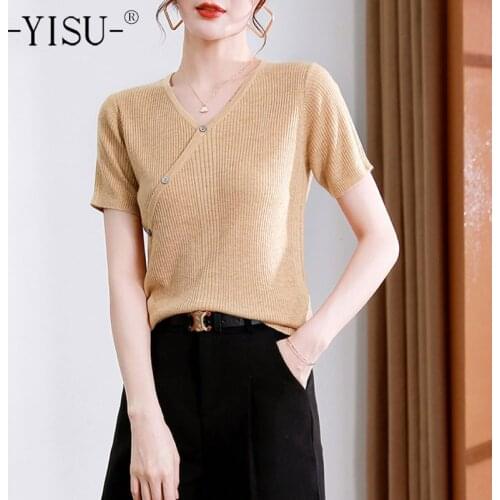 YISU Thin section Summer Womens sweaters Summer tops Solid color V-Neck Short sleeve Jumper Sweater 2021 New Knitted Pullover