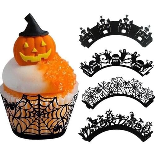 12pcs/pack Black Hollow Halloween Cupcake Wrappers Halloween Party Cake Decorating Ghost Spider web Wrappers