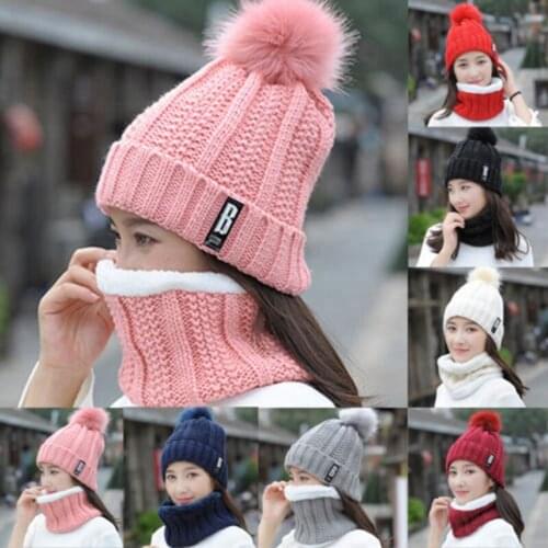 2Pcs Women Winter Scarf Hat Warm Set Solid Knitted Soft Cotton Bib Scarves