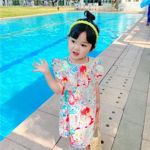 2020 Summer Baby Girls Dress Fashion Korean Flying Sleeve Princess Dress Cotton Toddler Kids Dresses 2 3 4 5 6 Years Child Dress