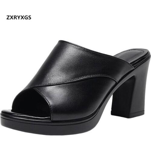 2021 New Famous Summer Genuine Leather Fish Mouth Slippers Women Sandals Black Shoes Elegant All-match High Heel Slipper Sandals